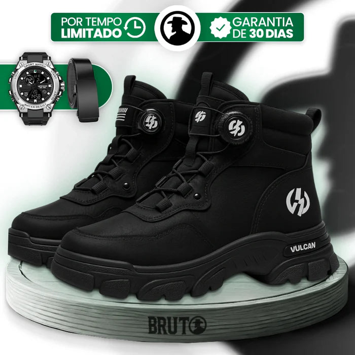 Bota Masculina Ortopédica de Cano Médio Vulcan com Amarração por Polia em Couro Legítimo e Poliuretano + BRINDES