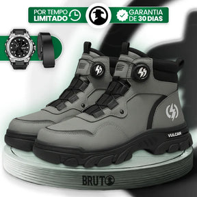 Bota Masculina Ortopédica de Cano Médio Vulcan com Amarração por Polia em Couro Legítimo e Poliuretano + BRINDES