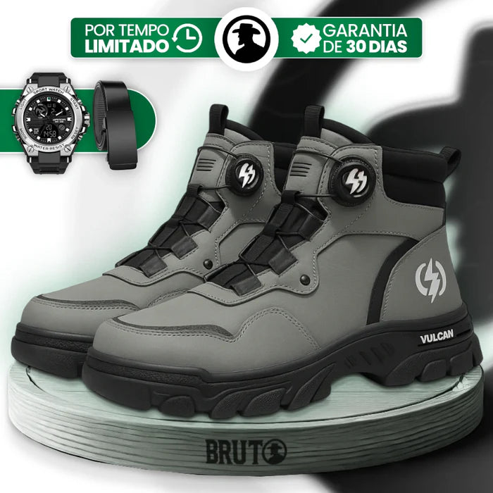 Bota Masculina Ortopédica de Cano Médio Vulcan com Amarração por Polia em Couro Legítimo e Poliuretano + BRINDES