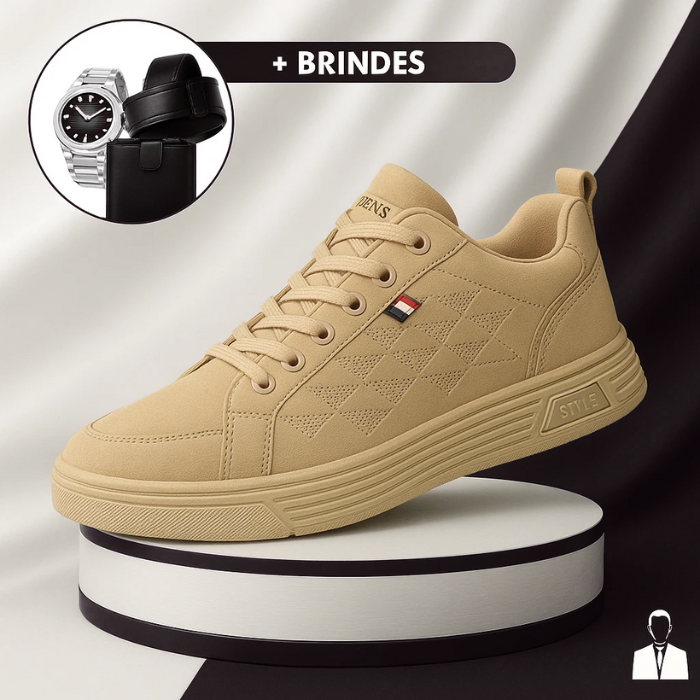 Tênis Casual Ortopédico Masculino Alvion em Couro e Sola Antiderrapante + BRINDES: Relógio, Cinto e Carteira