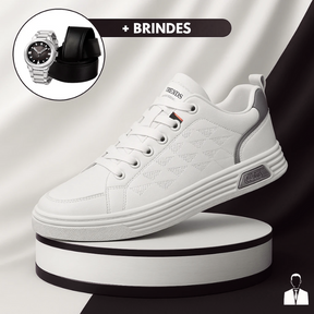 Tênis Casual Ortopédico Masculino Alvion em Couro e Sola Antiderrapante + BRINDES: Relógio, Cinto e Carteira