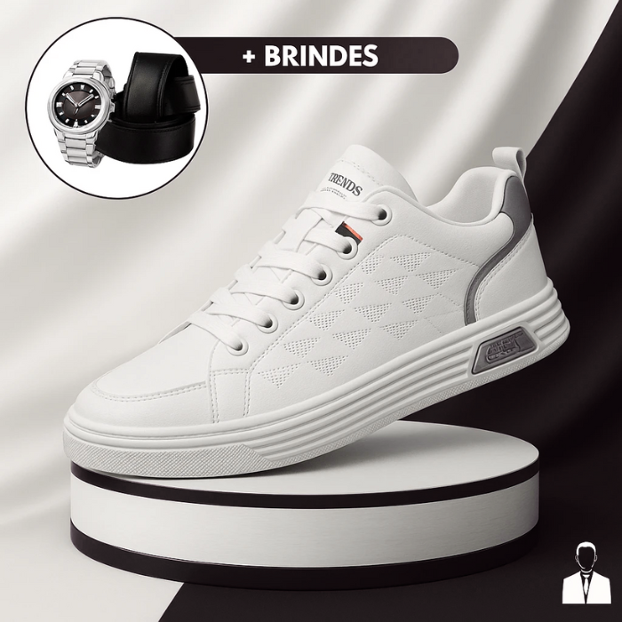 Tênis Casual Ortopédico Masculino Alvion em Couro e Sola Antiderrapante + BRINDES: Relógio, Cinto e Carteira