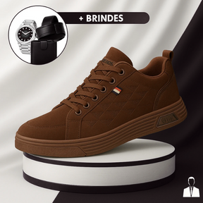 Tênis Casual Ortopédico Masculino Alvion em Couro e Sola Antiderrapante + BRINDES: Relógio, Cinto e Carteira
