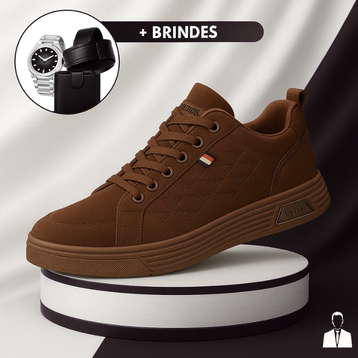 Tênis Casual Ortopédico Masculino Alvion em Couro e Sola Antiderrapante + BRINDES: Relógio, Cinto e Carteira