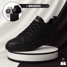 Tênis Casual Ortopédico Masculino Alvion em Couro e Sola Antiderrapante + BRINDES: Relógio, Cinto e Carteira