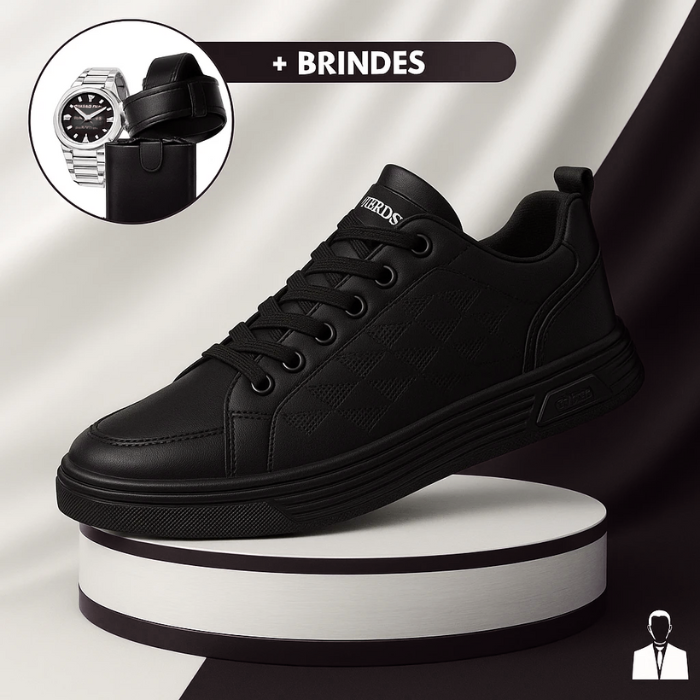 Tênis Casual Ortopédico Masculino Alvion em Couro e Sola Antiderrapante + BRINDES: Relógio, Cinto e Carteira